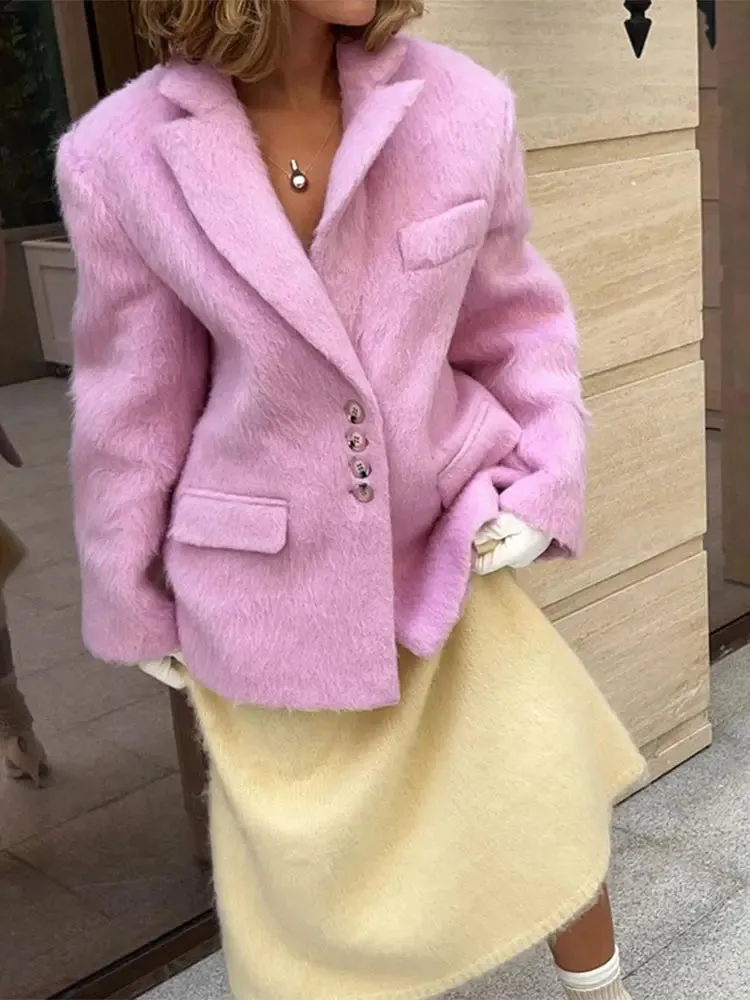 Advbridge Women's Elegant Pink Lapel Pockets Woolen Blazer Coat Fashion Single-breasted Loose Long Sleeve Coats 2024 Lady Sweet Outerwear