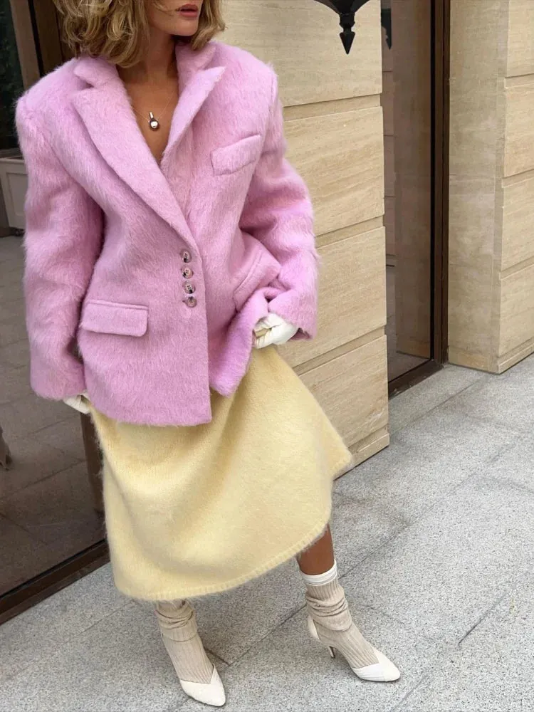 Advbridge Women's Elegant Pink Lapel Pockets Woolen Blazer Coat Fashion Single-breasted Loose Long Sleeve Coats 2024 Lady Sweet Outerwear