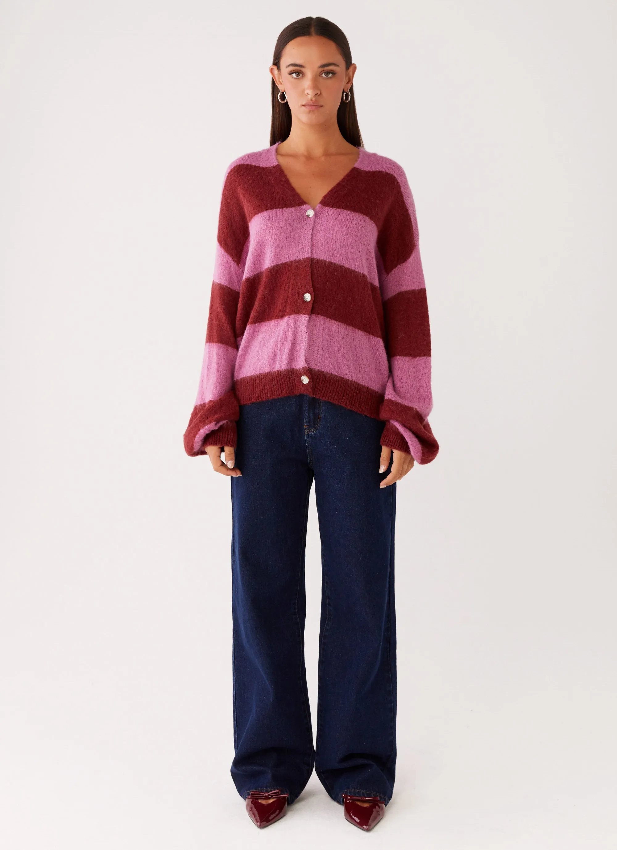 Ainslee Oversized Knit Cardigan - Red Pink Stripe