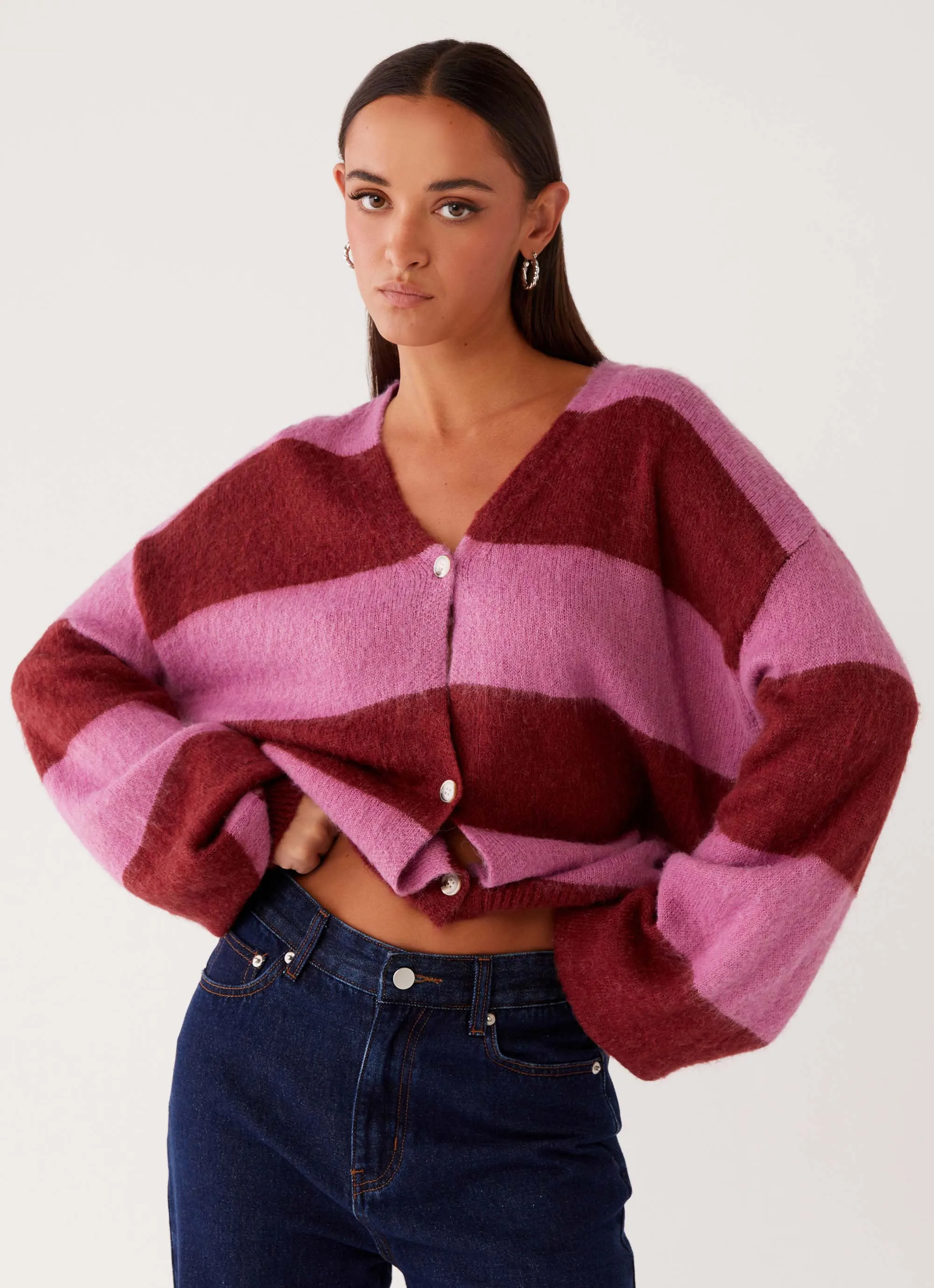 Ainslee Oversized Knit Cardigan - Red Pink Stripe