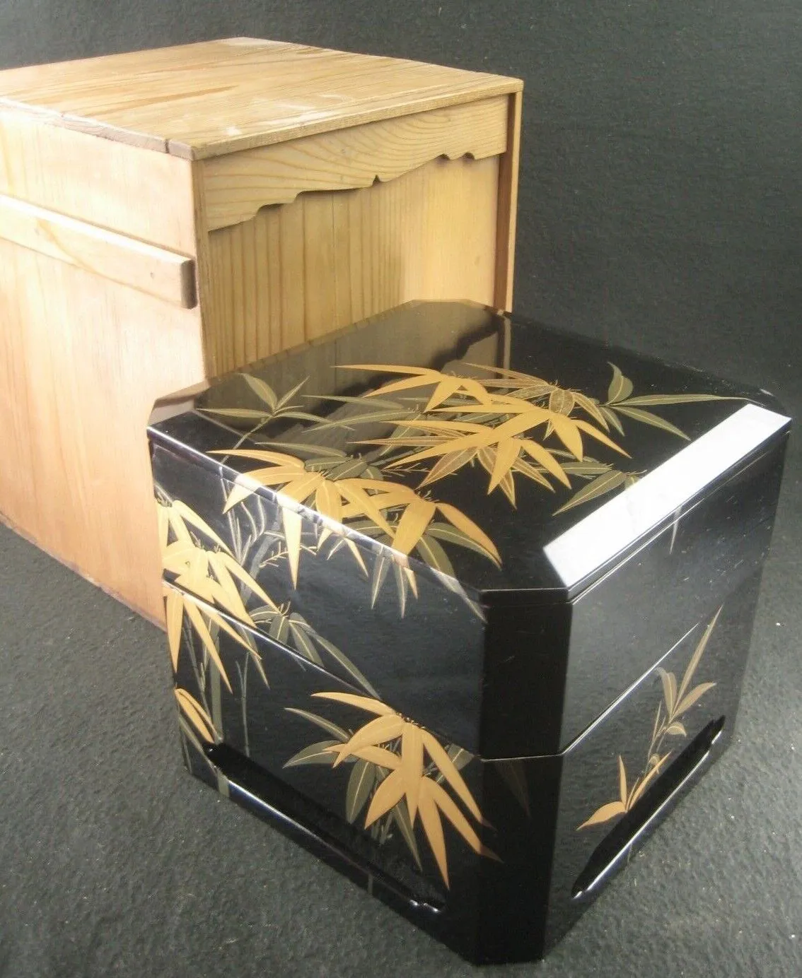 Antique Japanese 2 Layer Lidded Lacquer Bamboo Makie Jubako Bento Box