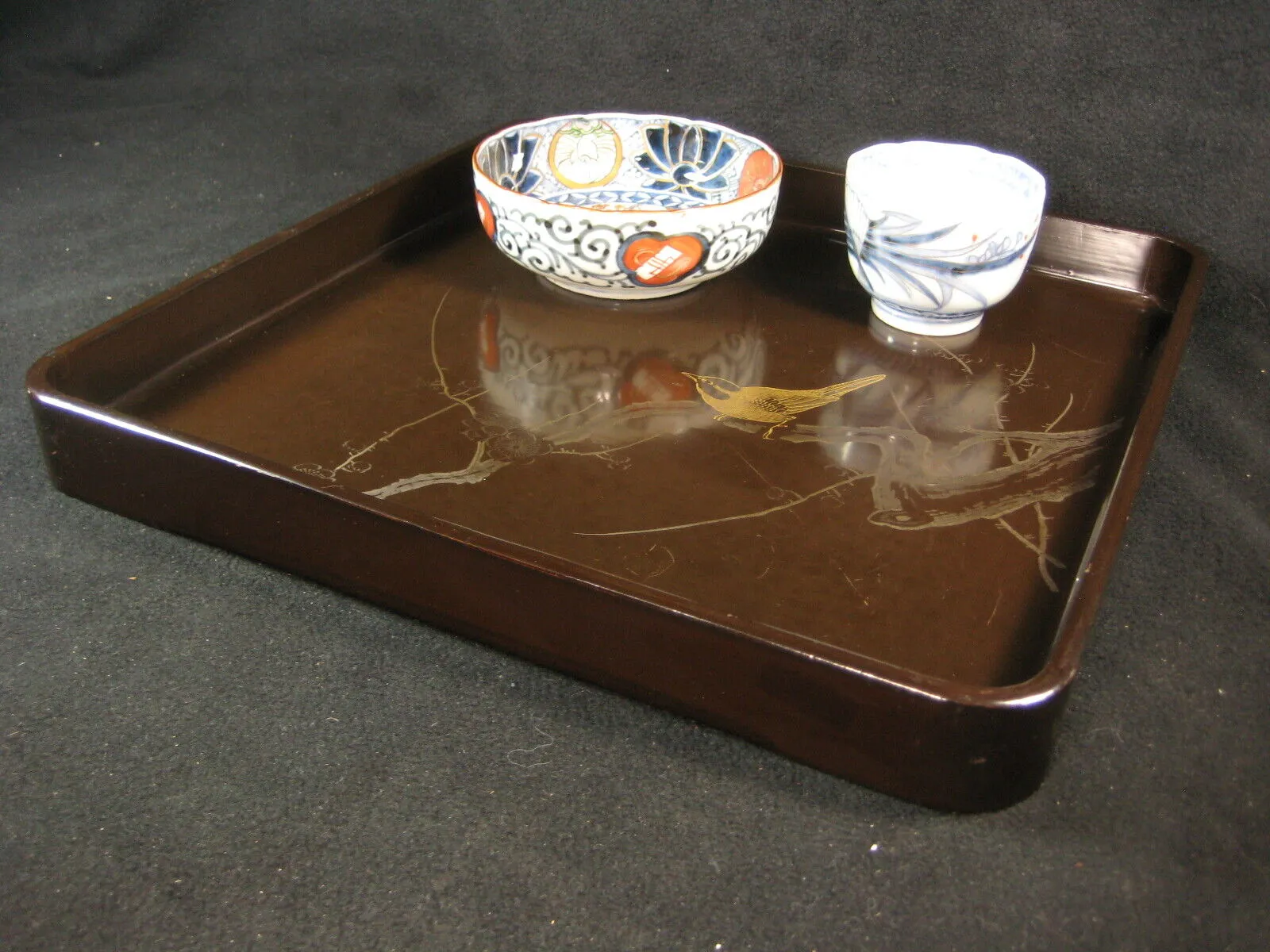 Antique Japanese Meiji Era (C.1890)  Wood & Lacquer Obon Ozen Tray Plum & Bird