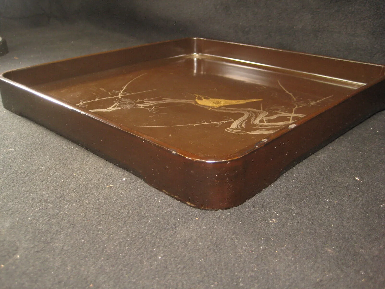 Antique Japanese Meiji Era (C.1890)  Wood & Lacquer Obon Ozen Tray Plum & Bird