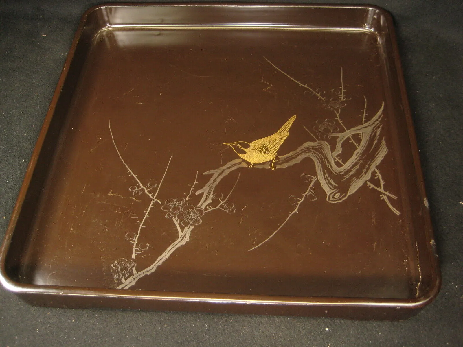 Antique Japanese Meiji Era (C.1890)  Wood & Lacquer Obon Ozen Tray Plum & Bird