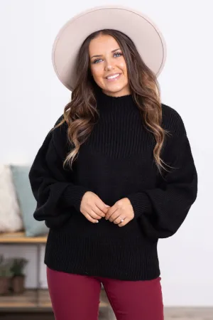 Black Balloon Sleeve Mock Neck Sweater