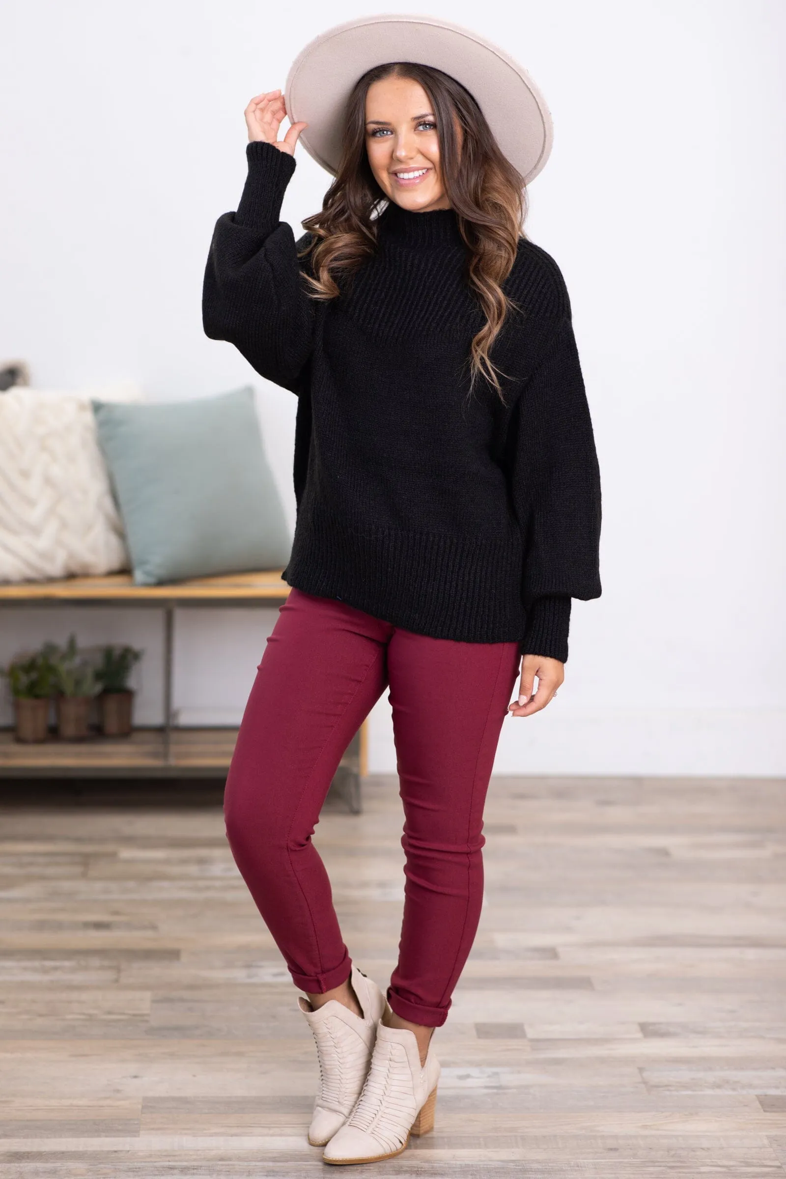 Black Balloon Sleeve Mock Neck Sweater