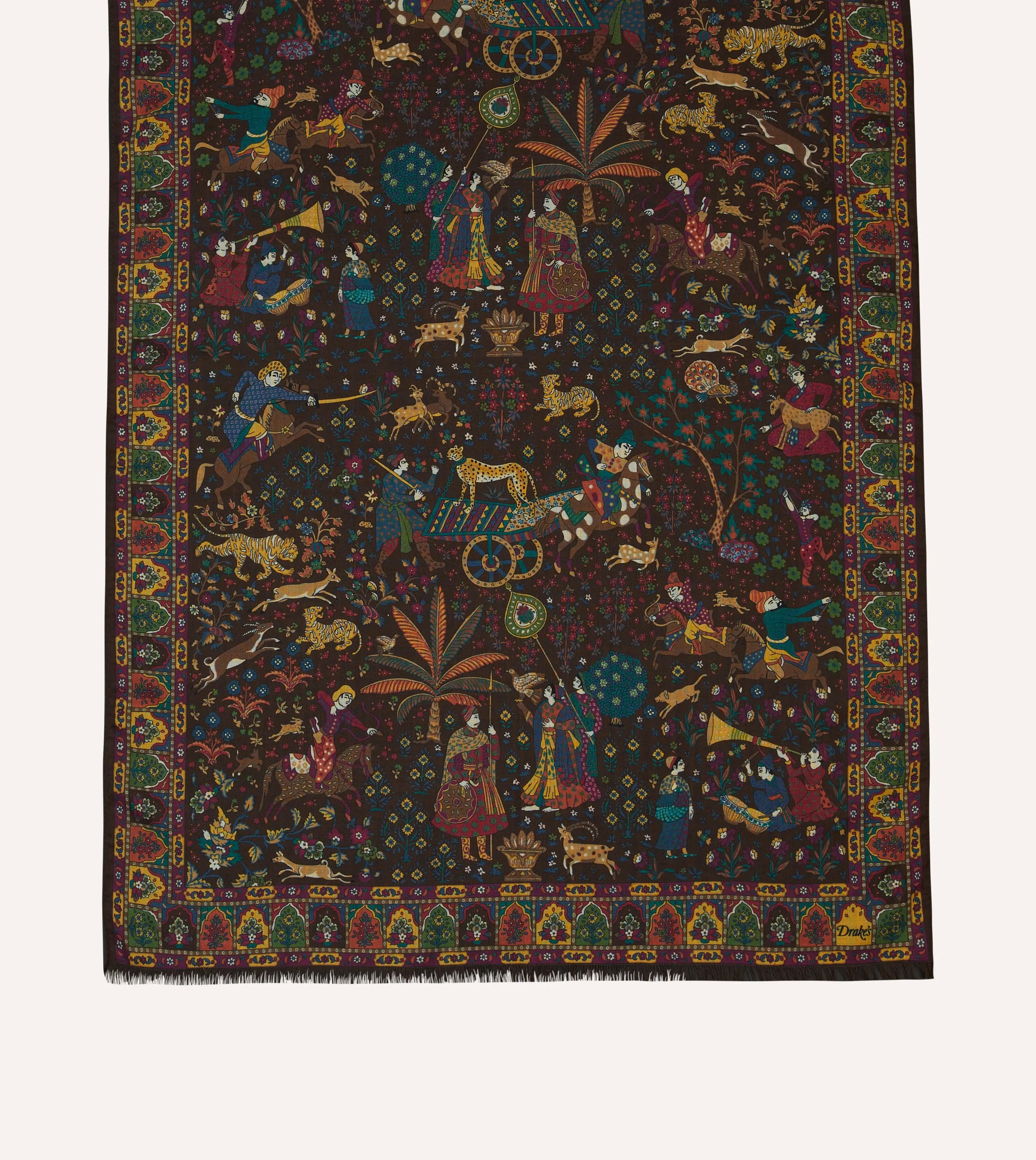 Brown Mughal Hunter Print Wool-Silk Scarf