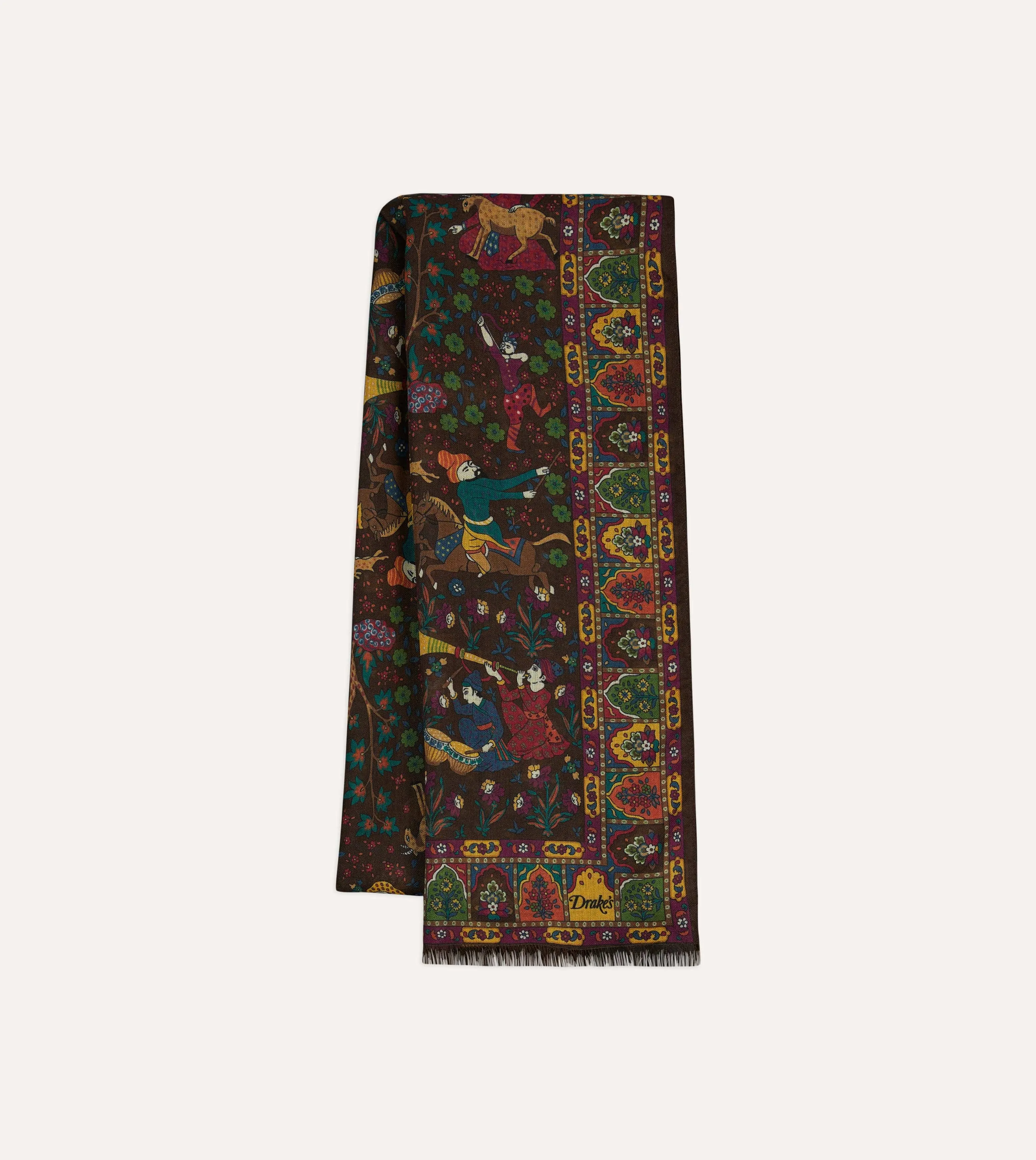 Brown Mughal Hunter Print Wool-Silk Scarf