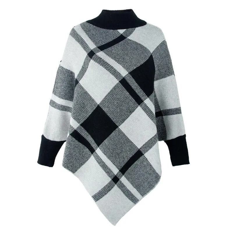 Color-blocking plaid cape bat sleeves pullover knit shawl women