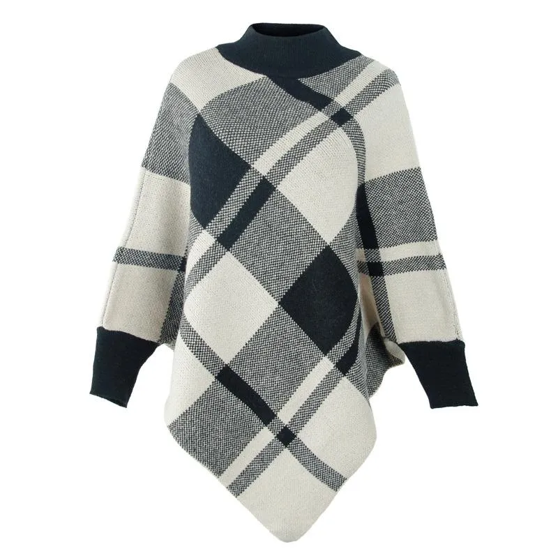 Color-blocking plaid cape bat sleeves pullover knit shawl women