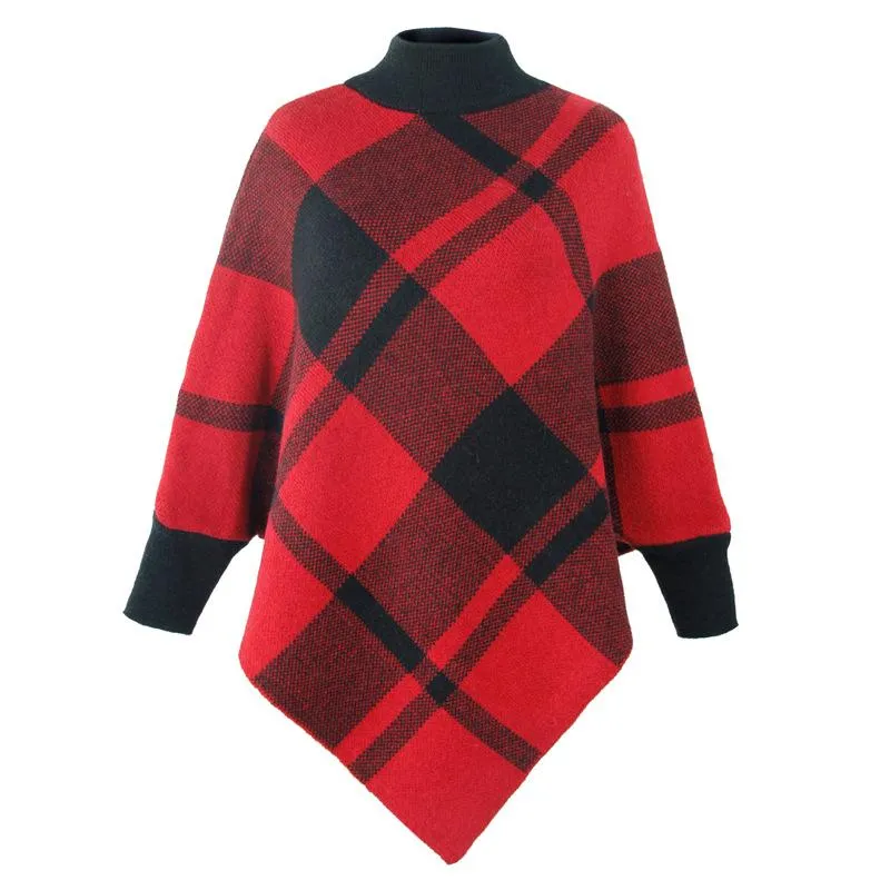 Color-blocking plaid cape bat sleeves pullover knit shawl women