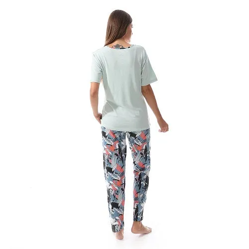 Cotton Tee & Patterned Pants Pajama Set - Mint