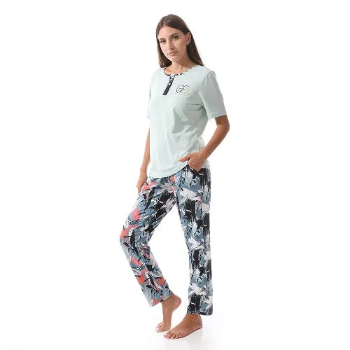 Cotton Tee & Patterned Pants Pajama Set - Mint