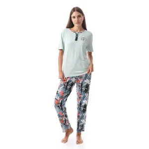 Cotton Tee & Patterned Pants Pajama Set - Mint