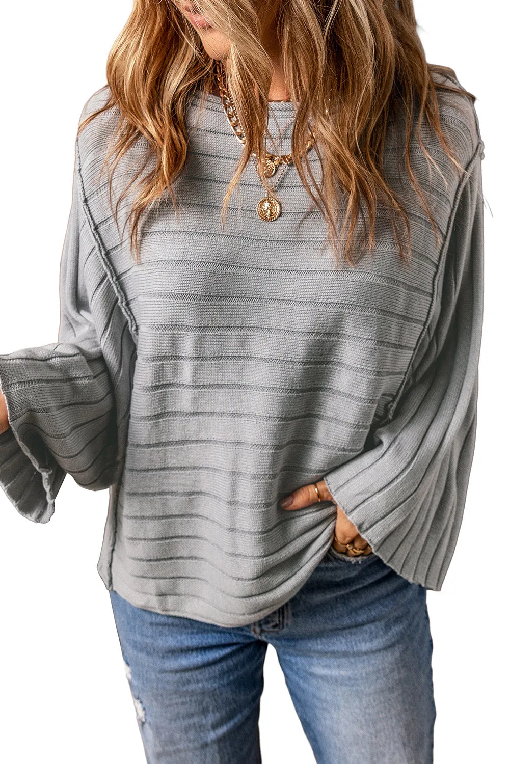 Exposed Seam Ribbed Knit Dolman Top