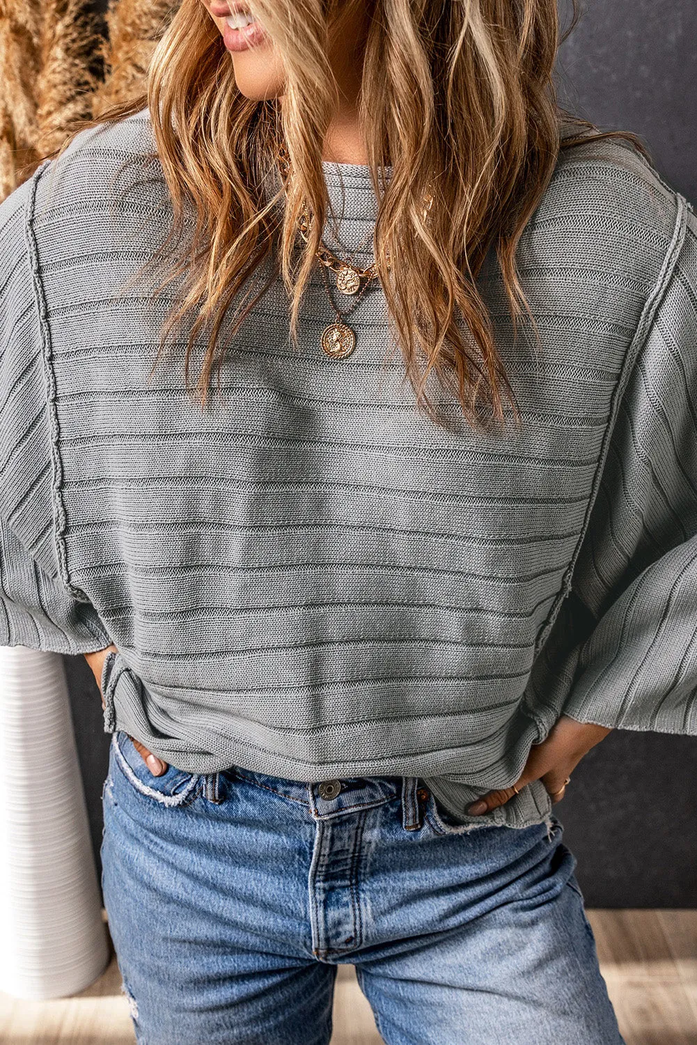 Exposed Seam Ribbed Knit Dolman Top