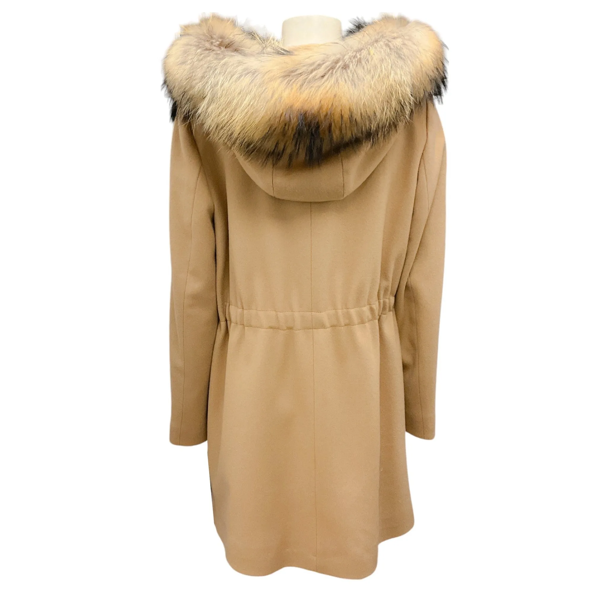 Fleurette Camel Raccoon Fur Trimmed Hooded Wool Coat