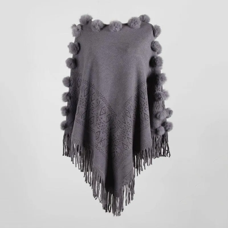 Fringed cloak shawl hair ball round neck pullover solid color sweater women