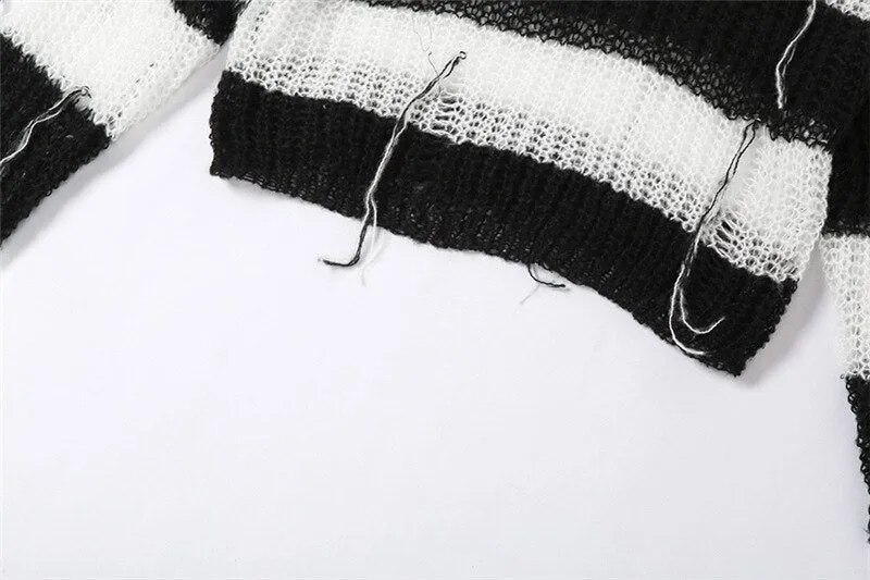 'From the Crypt' Striped Black & White Cropped Goth Sweater