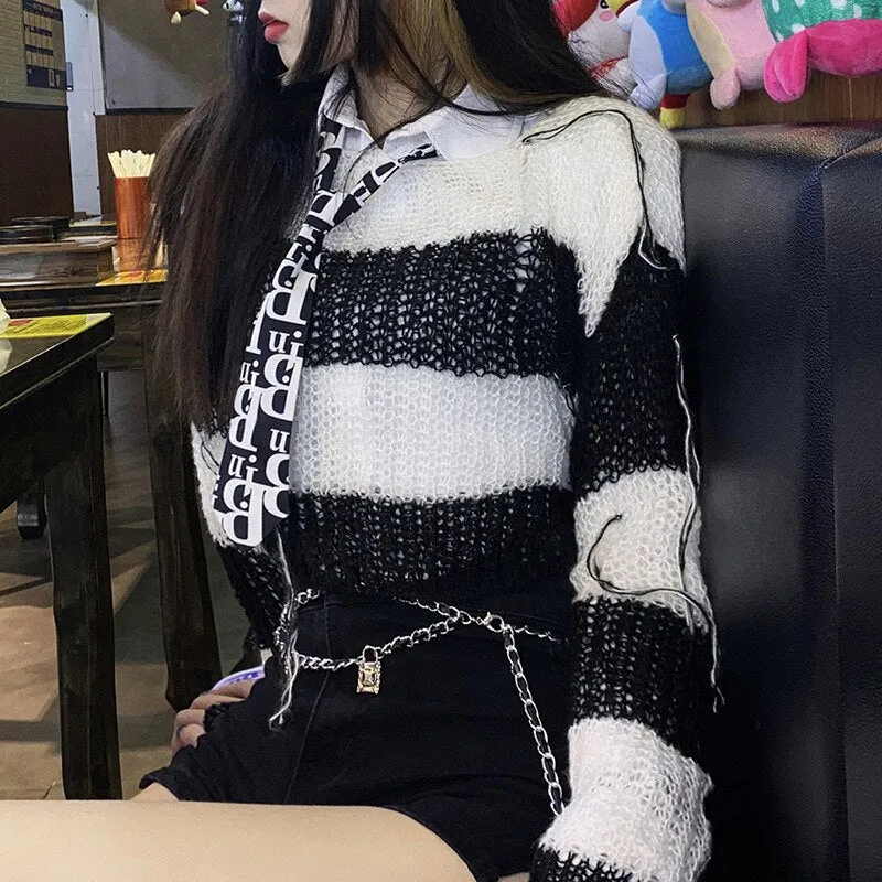 'From the Crypt' Striped Black & White Cropped Goth Sweater