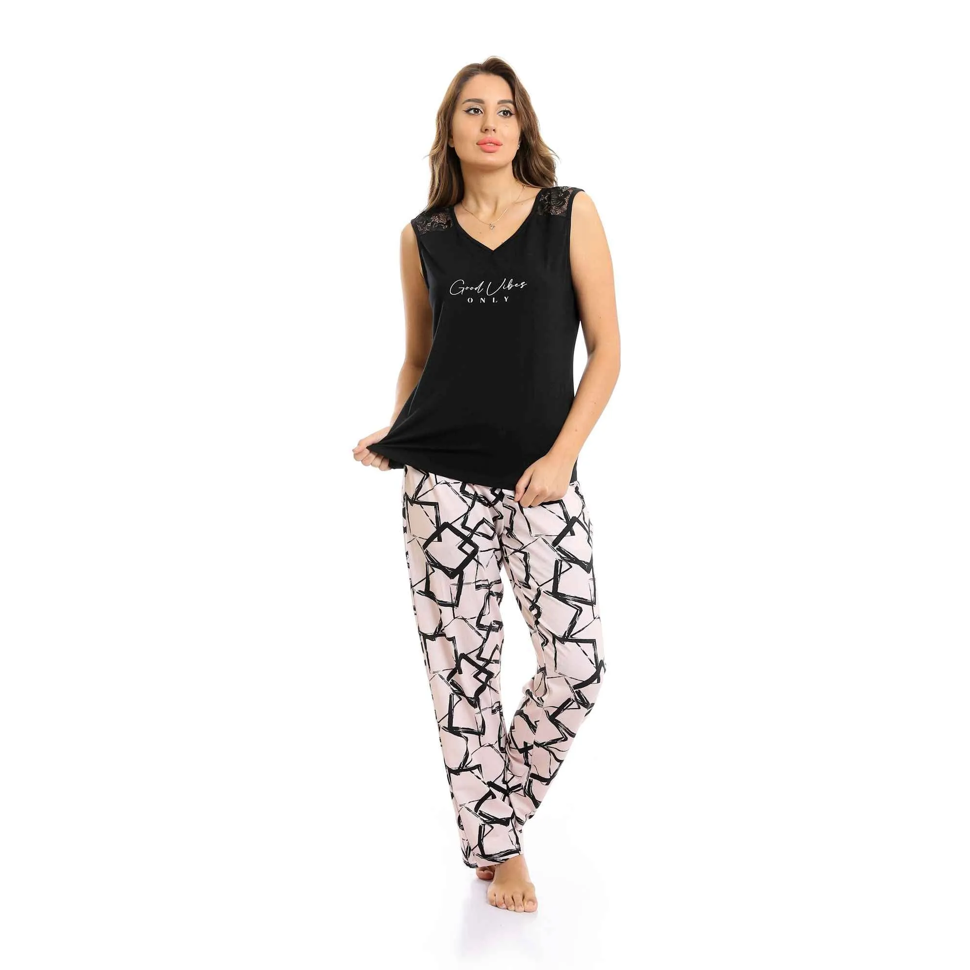 Good Vibes V-Neck Top & Patterned Pants Pajama Set - Black & Beige