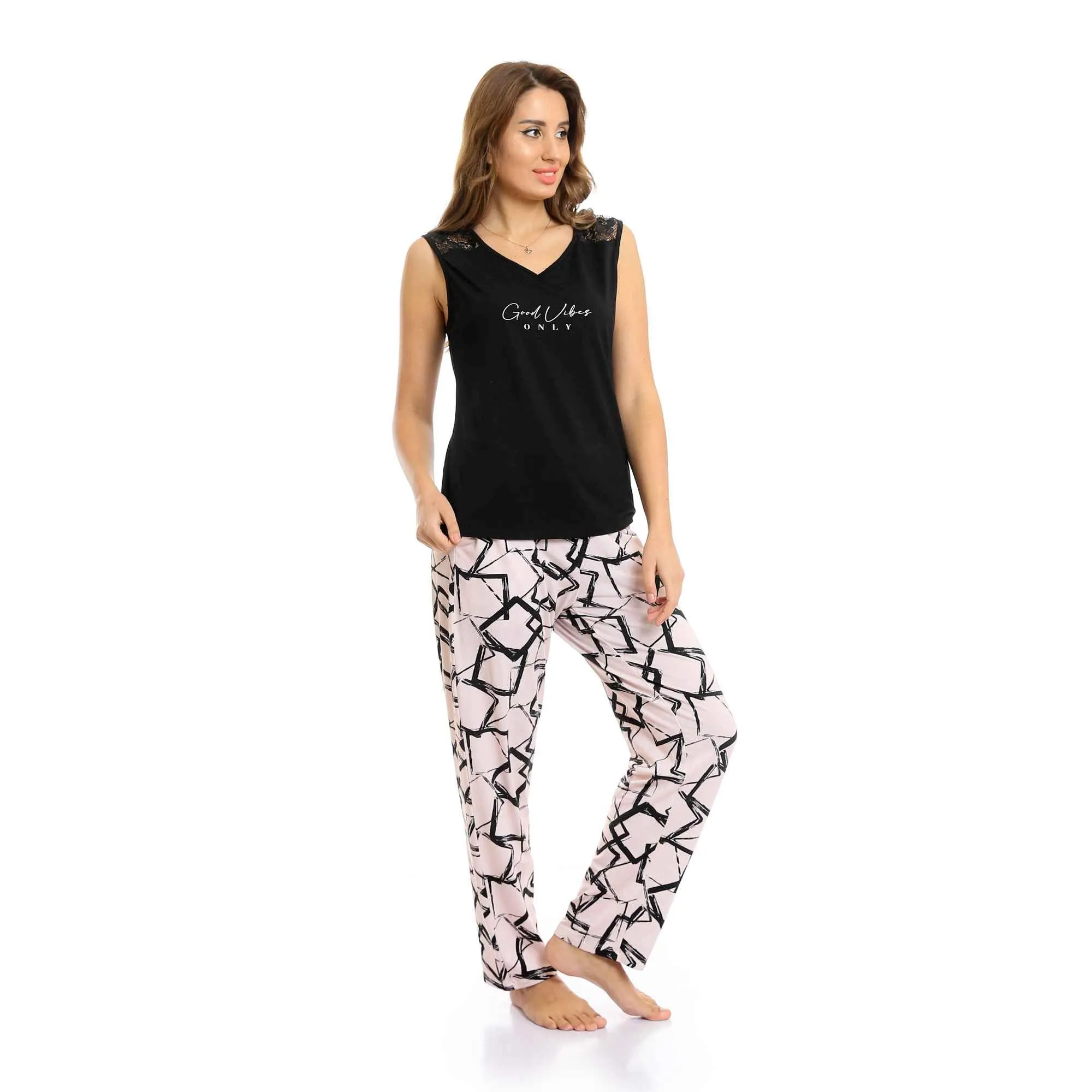 Good Vibes V-Neck Top & Patterned Pants Pajama Set - Black & Beige