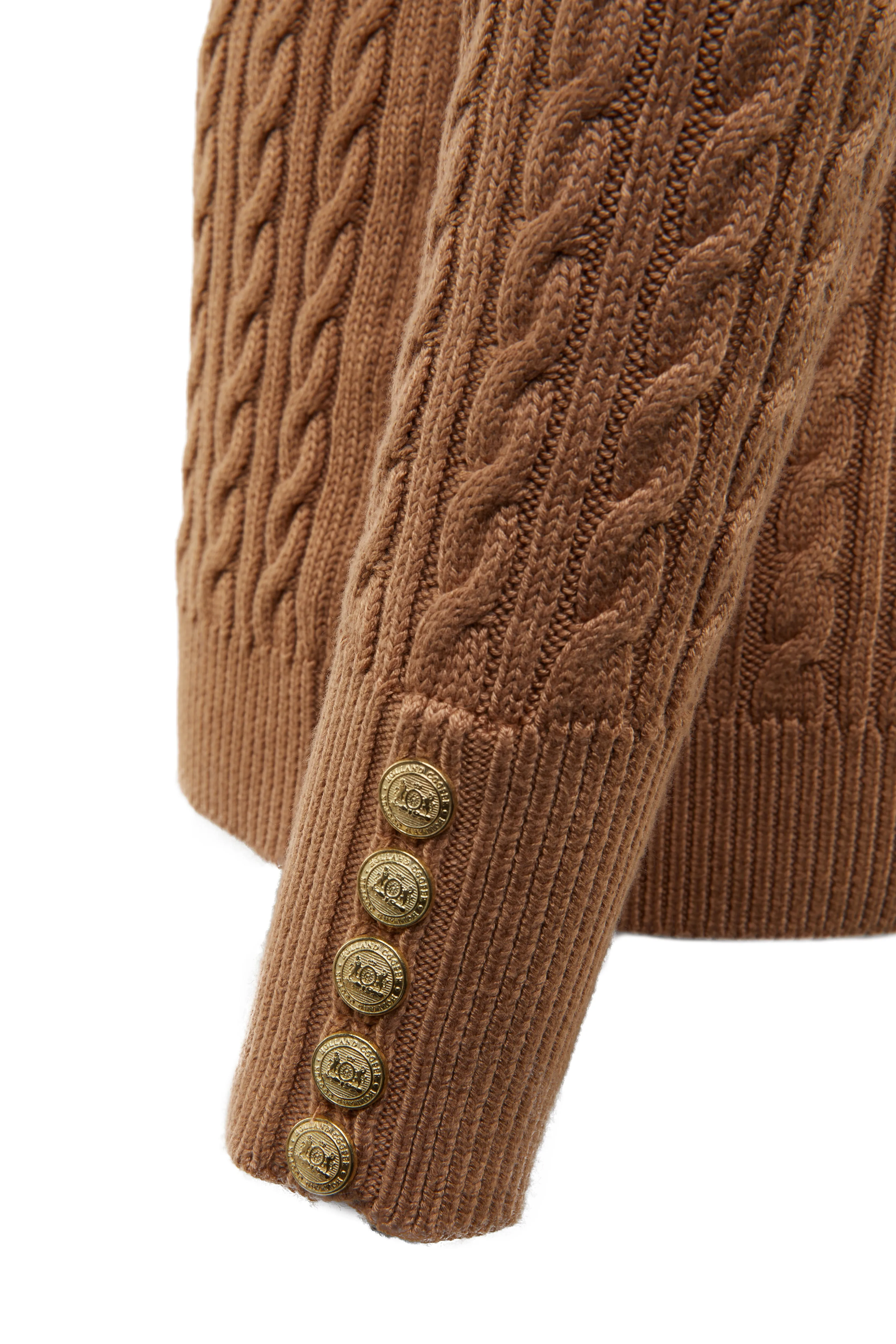 Holland Cooper Seattle Roll Neck Cable Knitwear in Dark Camel Marl