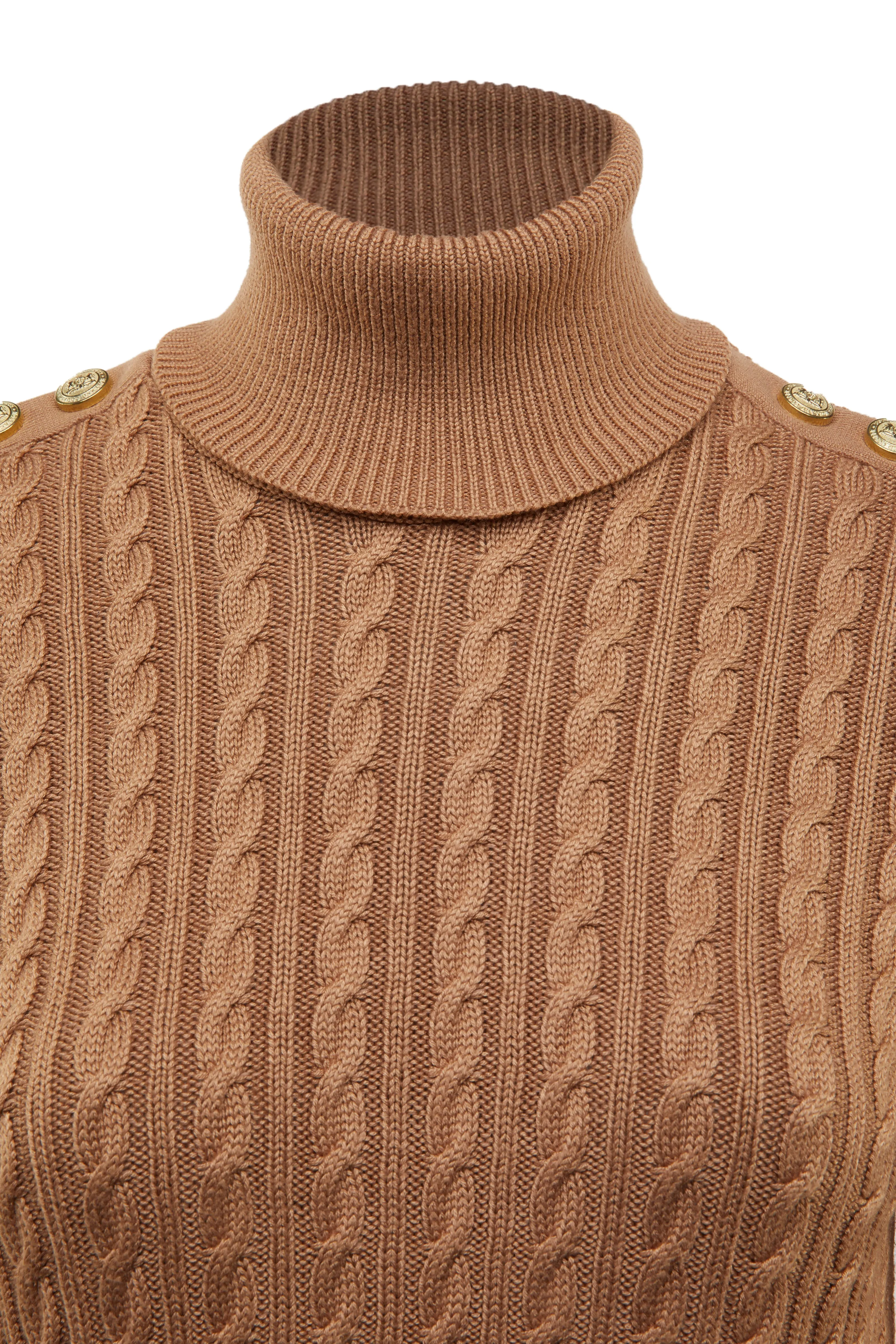 Holland Cooper Seattle Roll Neck Cable Knitwear in Dark Camel Marl