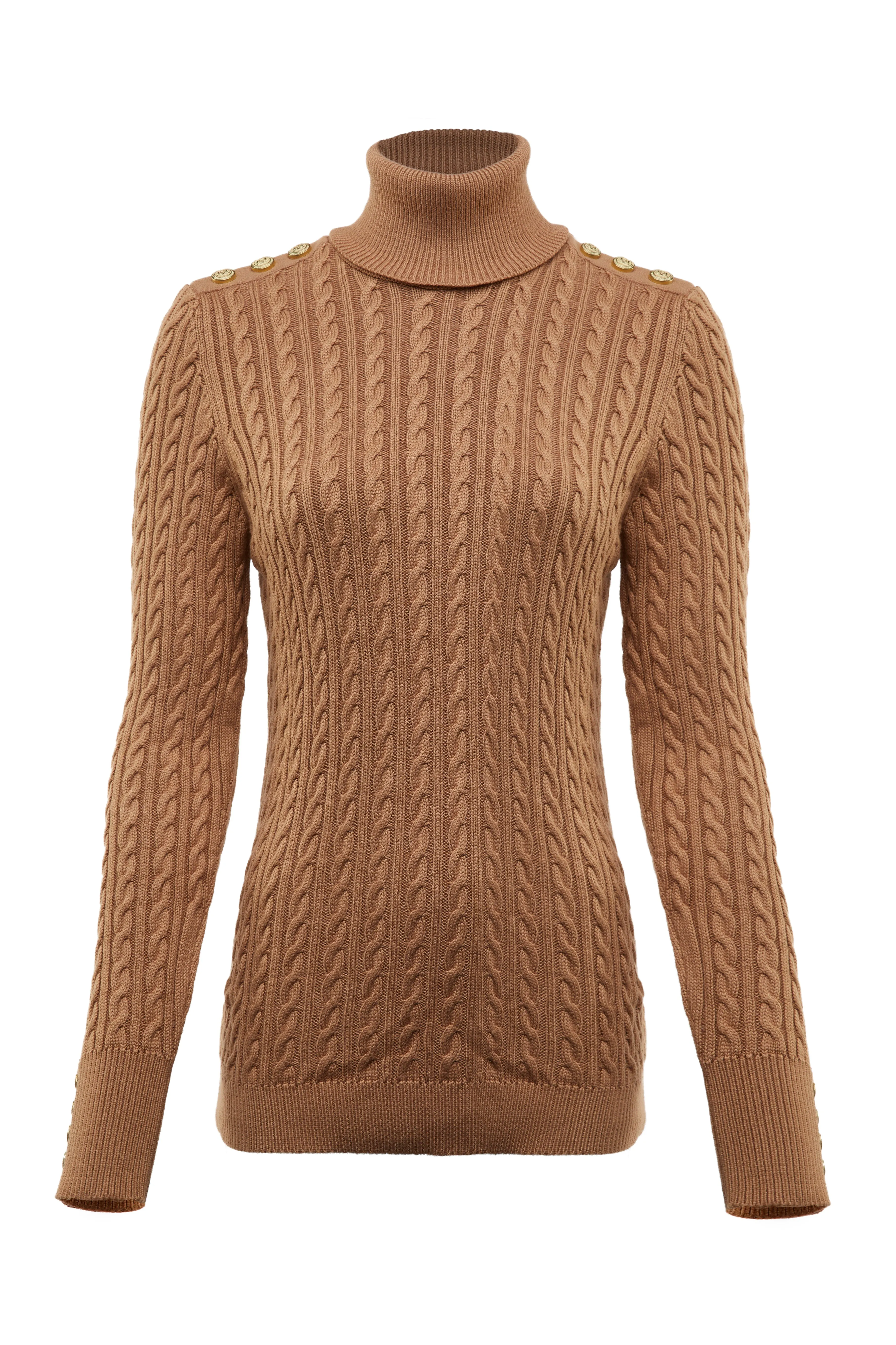 Holland Cooper Seattle Roll Neck Cable Knitwear in Dark Camel Marl