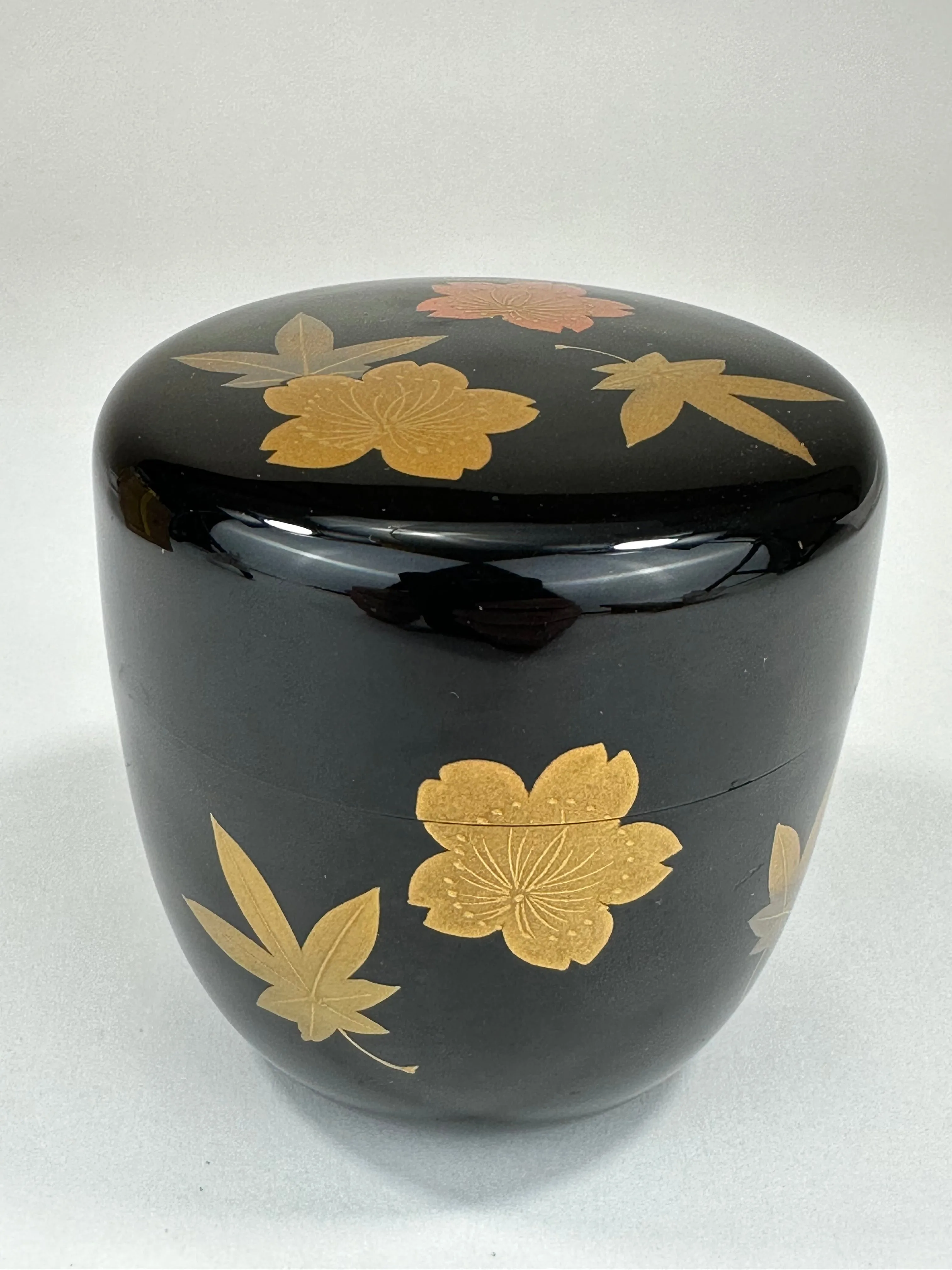 Japanese Tea Ceremony Natsume Black Lacquer Gold Makie plum flowers & leaves 3”