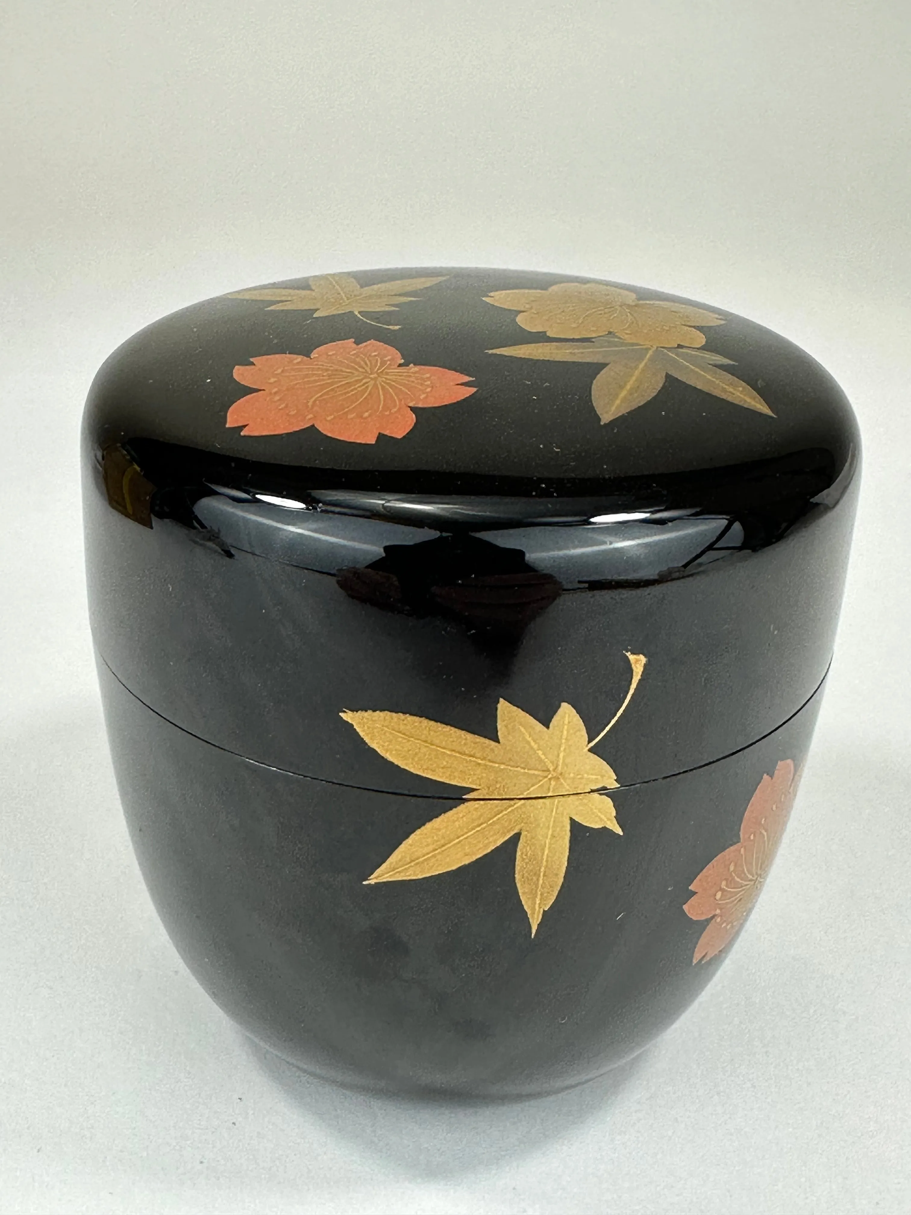 Japanese Tea Ceremony Natsume Black Lacquer Gold Makie plum flowers & leaves 3”