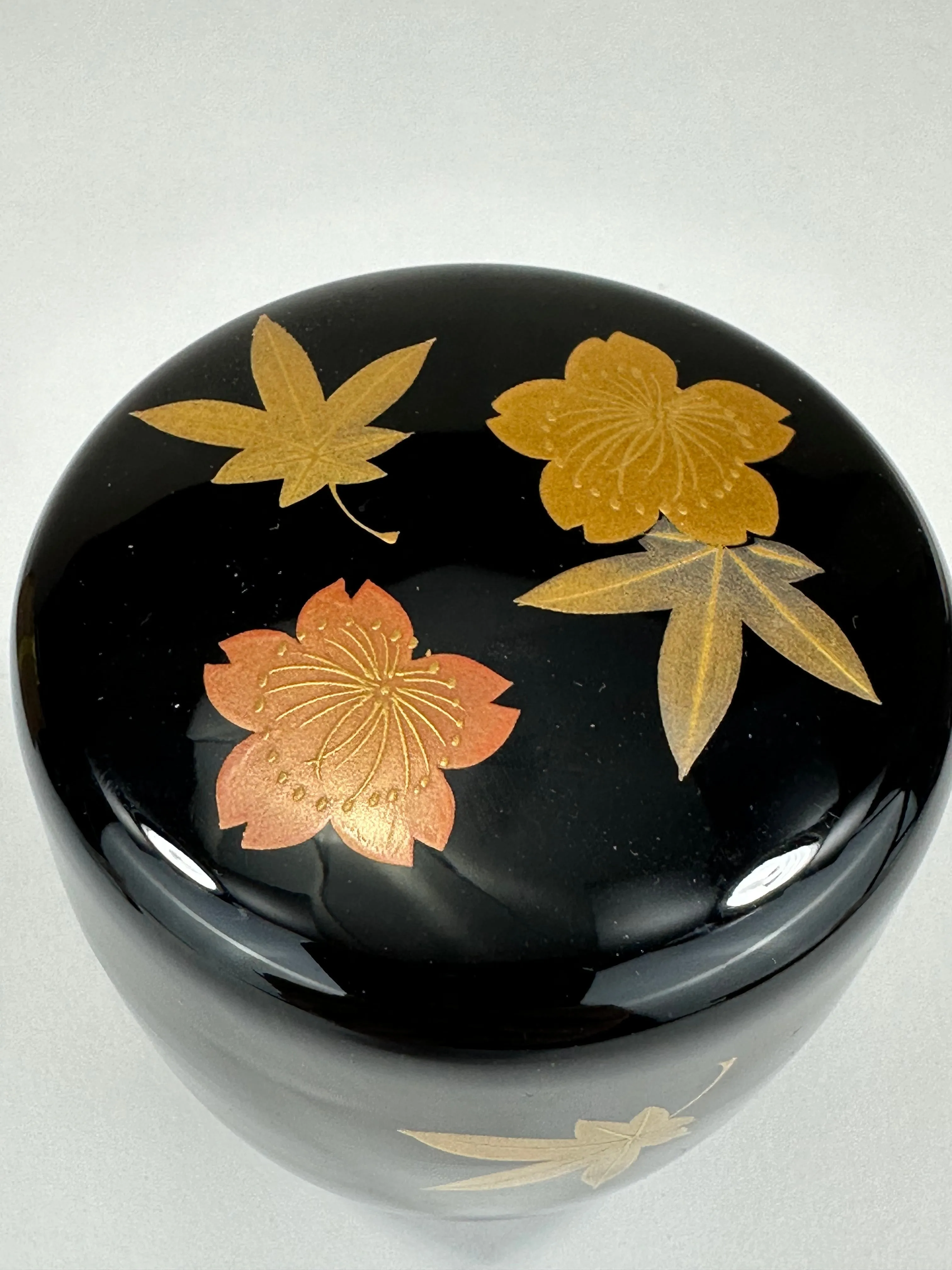 Japanese Tea Ceremony Natsume Black Lacquer Gold Makie plum flowers & leaves 3”