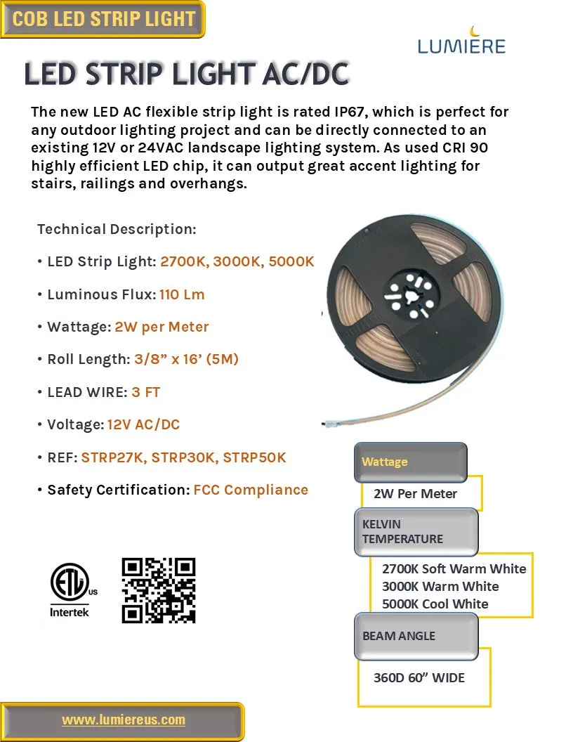 LED COB AC Flexible Strip Tape Light, IP67 Outdoor-rated - 2700K-5000K