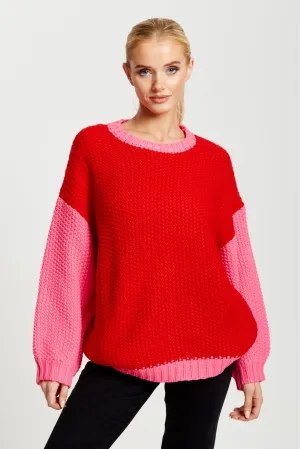 Liquorish Contrast Sleeve Jumper In Pink And Red