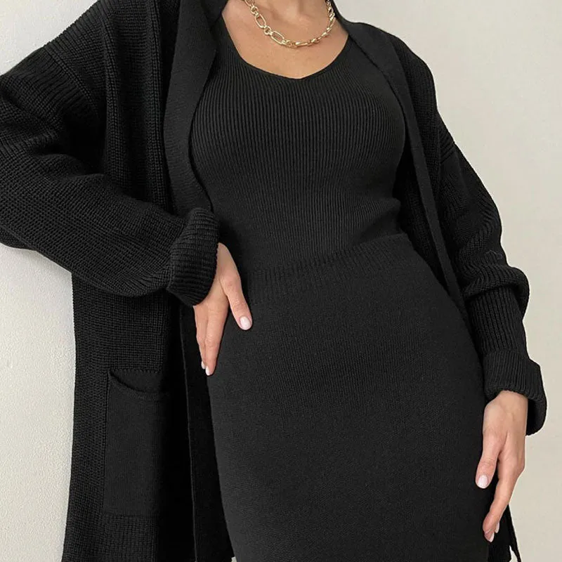 Minimalist Open Front Knit Cardigan and Bodycon Midi Skirt Matching Set