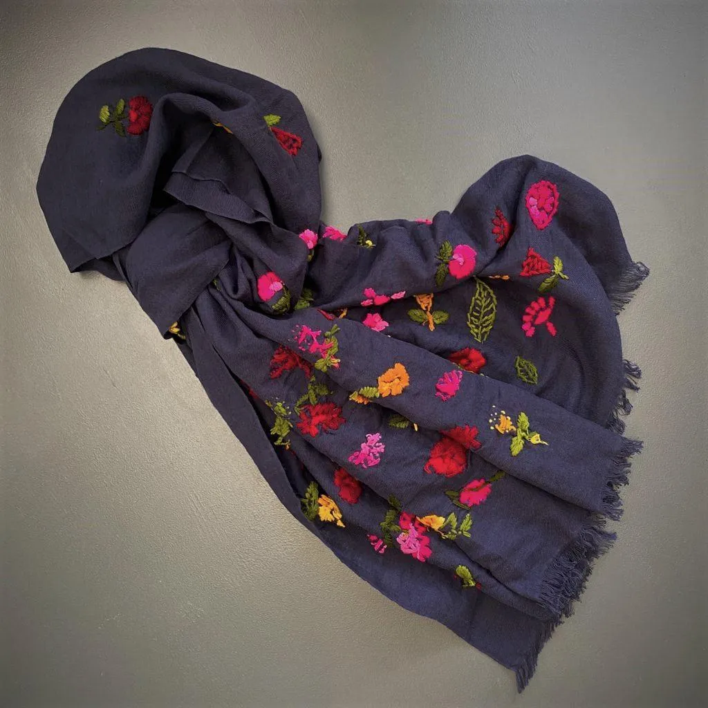 Navy Floral Embroidered Wool and Cotton Scarf by Ombre London