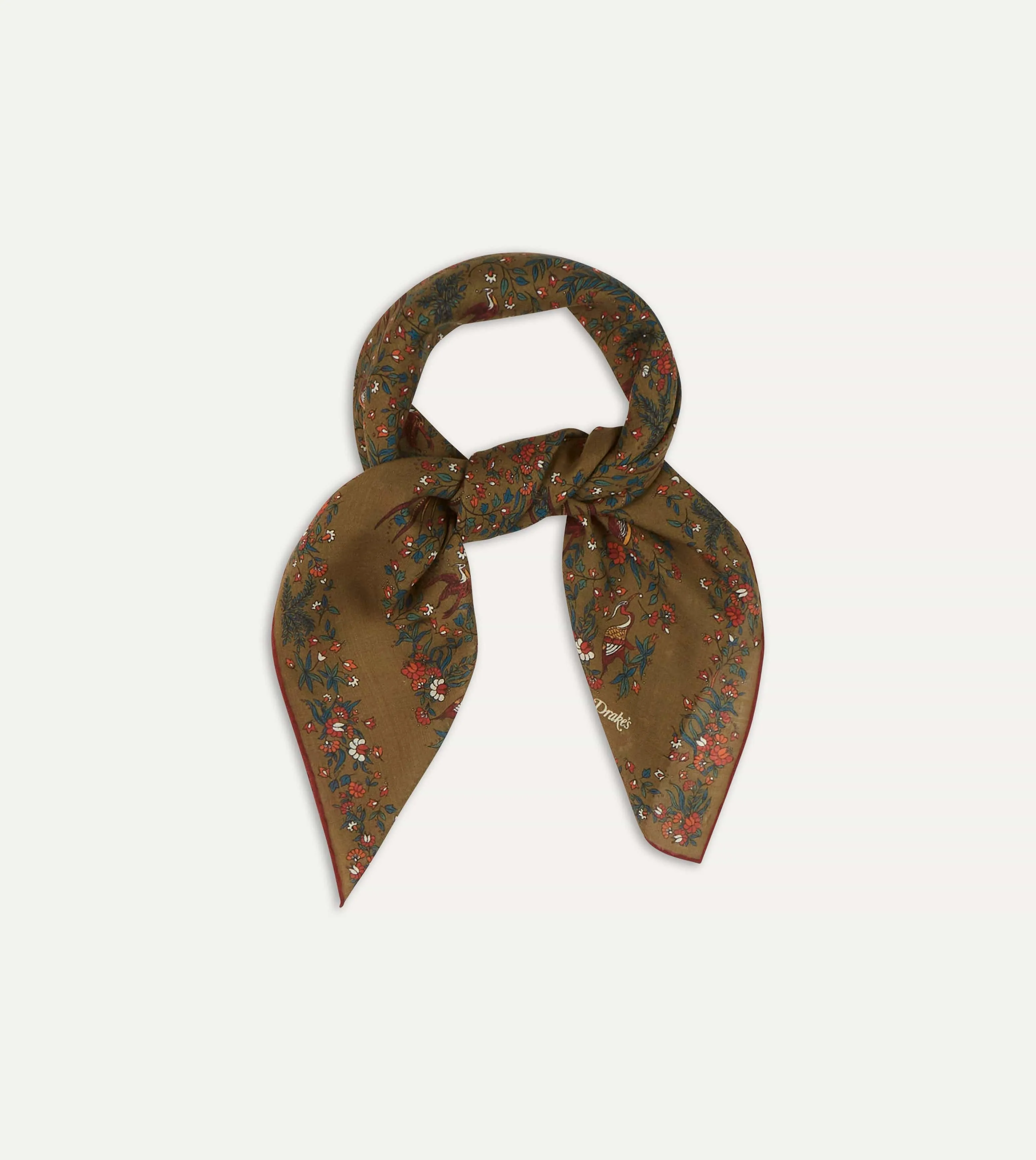 Olive Birds of Paradise Print Wool-Silk Square Scarf