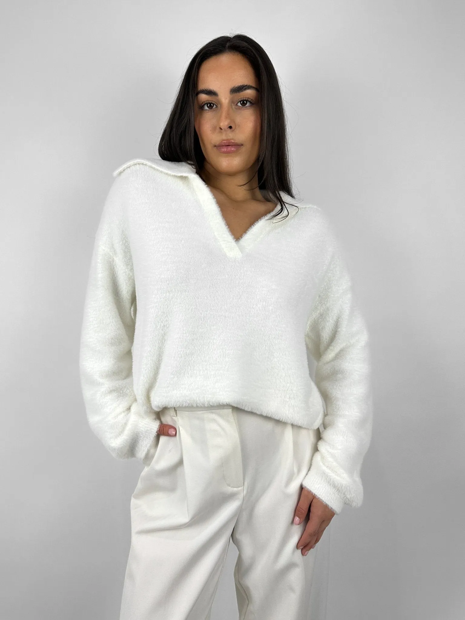 Plush Collared V Neck Sweater