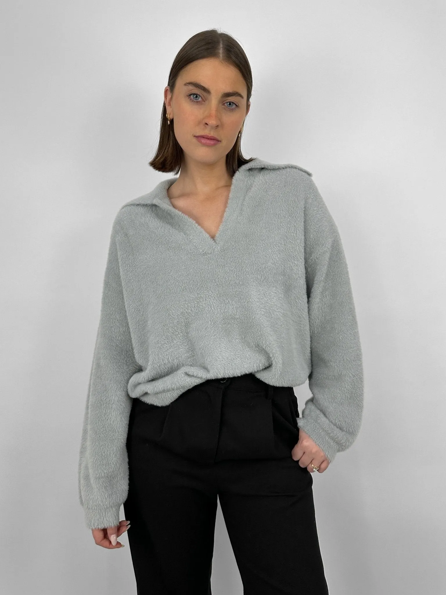 Plush Collared V Neck Sweater