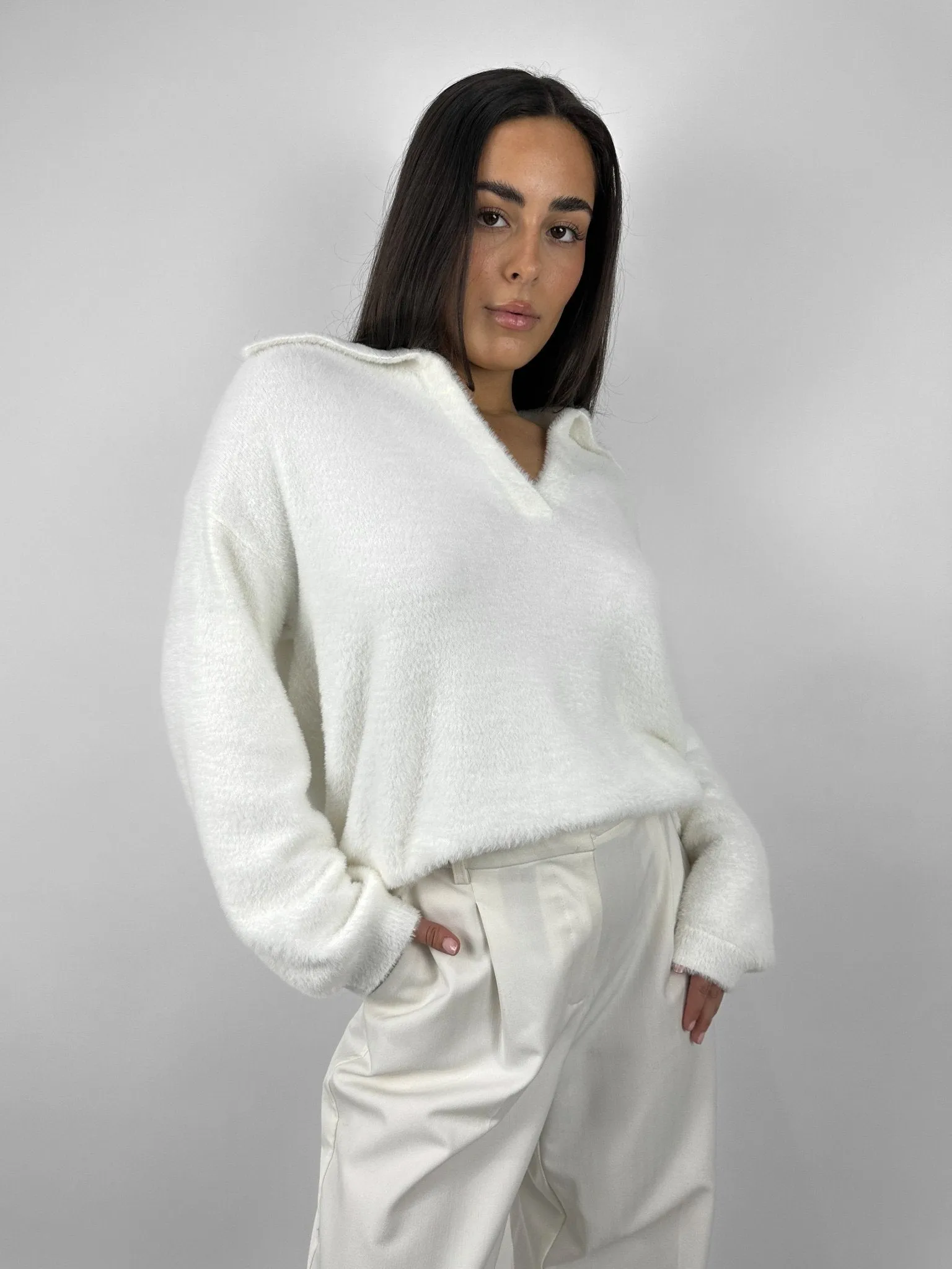 Plush Collared V Neck Sweater