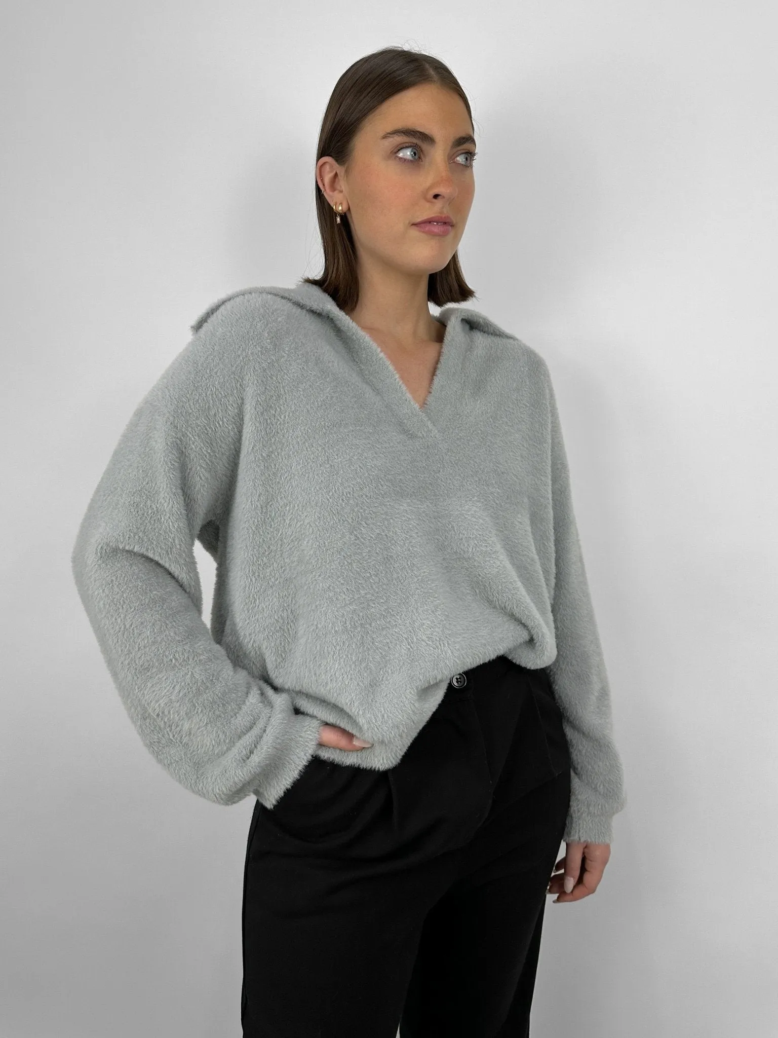 Plush Collared V Neck Sweater