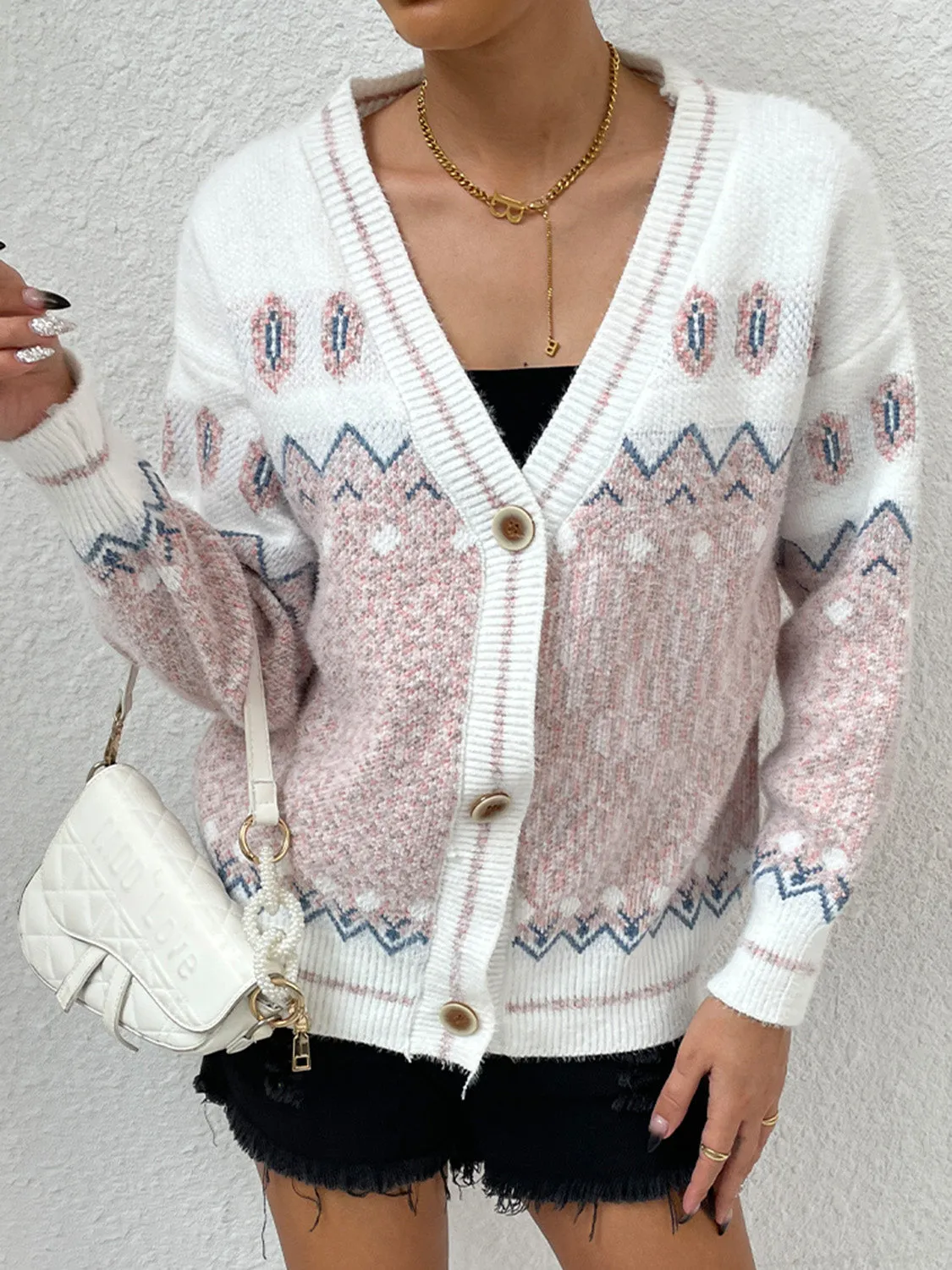 Printed Long Sleeve V-Neck Cardigan