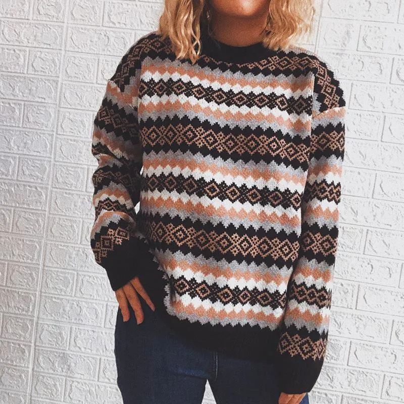 Retro pattern round neck long-sleeved knitted pullover sweater