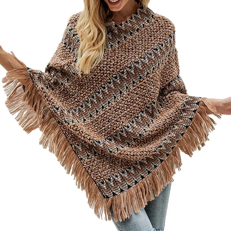 Shawl cloak sweater striped color tassel sweater coat women