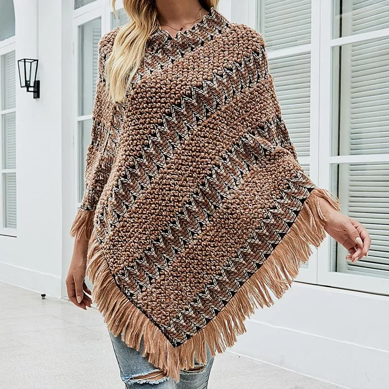 Shawl cloak sweater striped color tassel sweater coat women