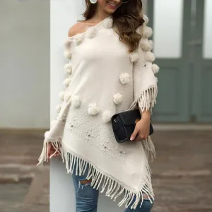 Shawl fringed cloak hair ball beaded round neck sweater women