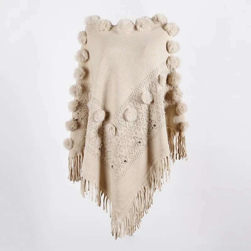 Shawl fringed cloak hair ball beaded round neck sweater women