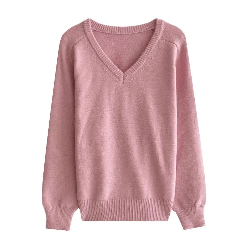 solid color V-neck long-sleeved sweater     S4733