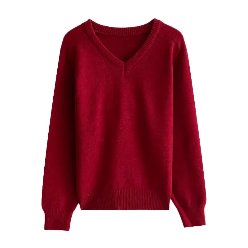 solid color V-neck long-sleeved sweater     S4733