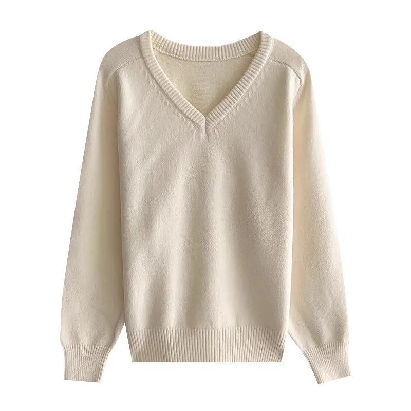 solid color V-neck long-sleeved sweater     S4733